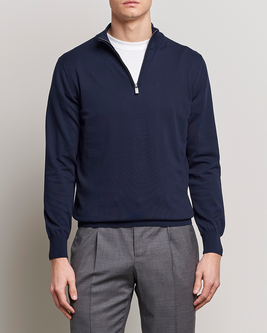 Herr | Half-zip | Canali | Cotton Half Zip Sweater Navy