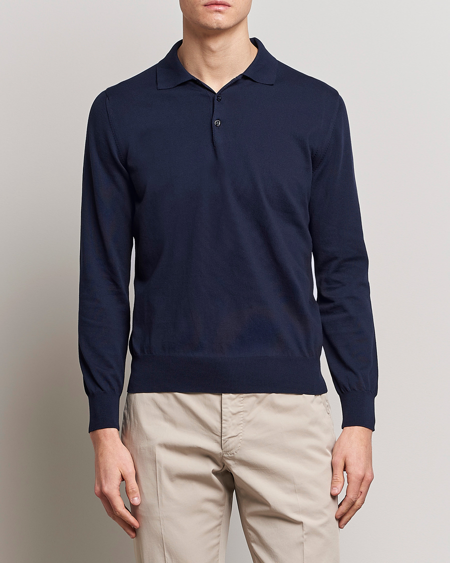 Herr | Quiet Luxury | Canali | Cotton Long Sleeve Polo Navy