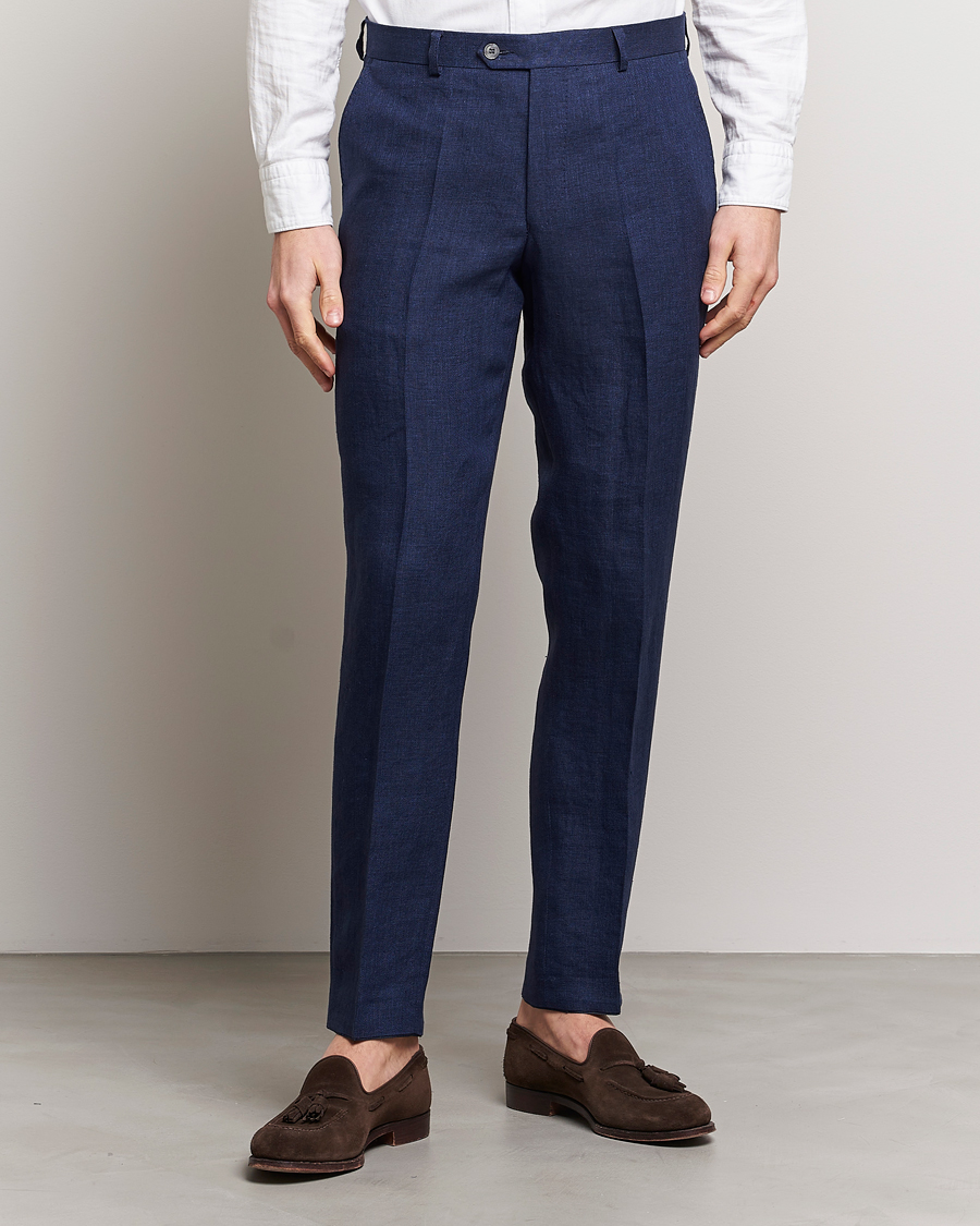 Herr | Byxor | Oscar Jacobson | Denz Linen Trousers Navy