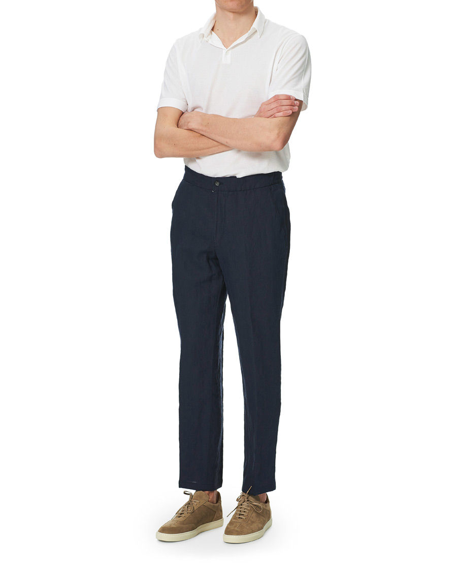 Herr | Byxor | Oscar Jacobson | Nicola Linen Trousers Navy
