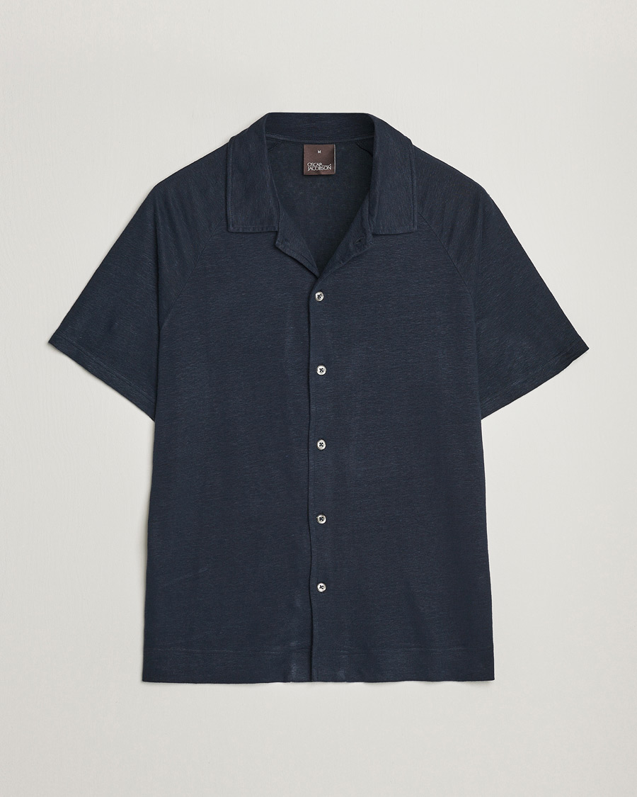 Herr | Pikéer | Oscar Jacobson | Albin Short Sleeve Linen Polo Navy