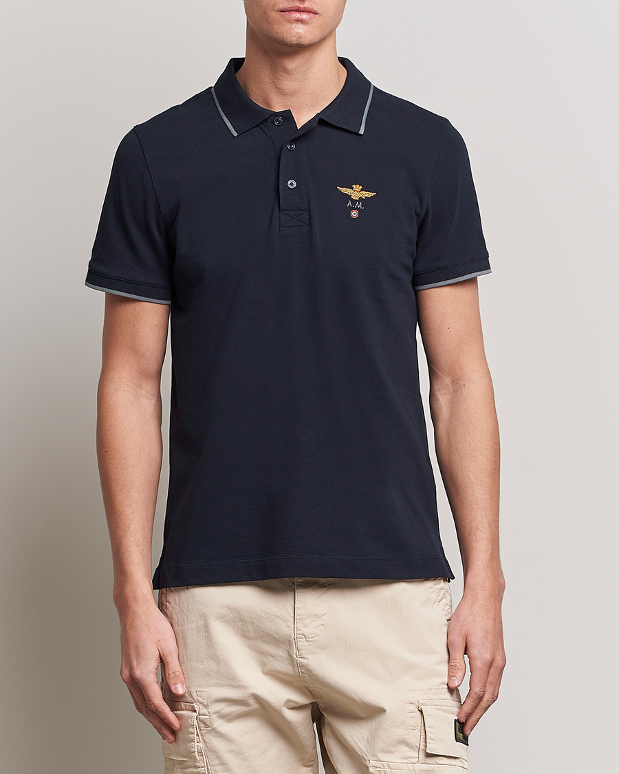 Herr | Kortärmade pikéer | Aeronautica Militare | Garment Dyed Cotton Polo Navy