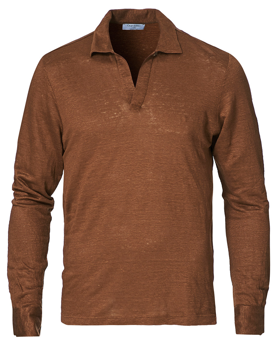 Herr | Tröjor | Gran Sasso | Washed Linen Long Sleeve Polo Gold Brown