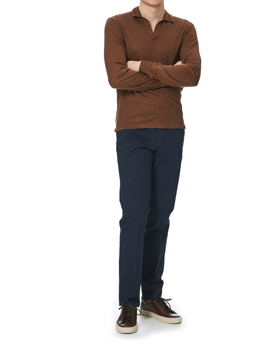 Herr | Tröjor | Gran Sasso | Washed Linen Long Sleeve Polo Gold Brown