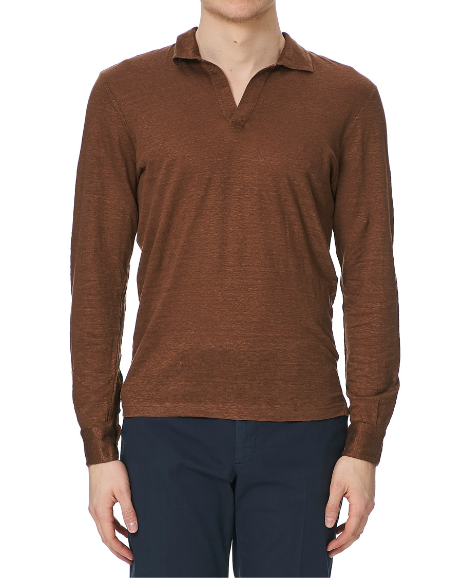 Herr | Tröjor | Gran Sasso | Washed Linen Long Sleeve Polo Gold Brown