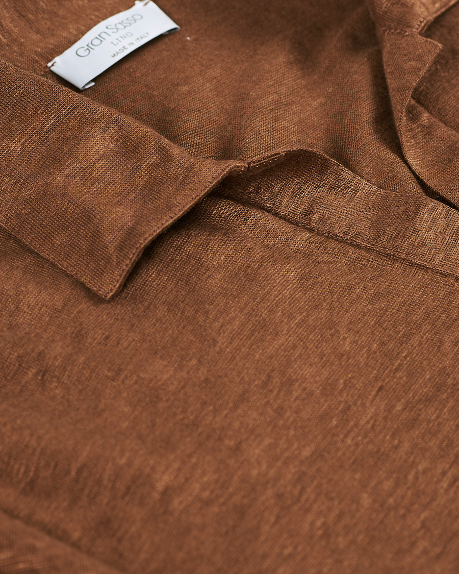 Herr | Tröjor | Gran Sasso | Washed Linen Long Sleeve Polo Gold Brown