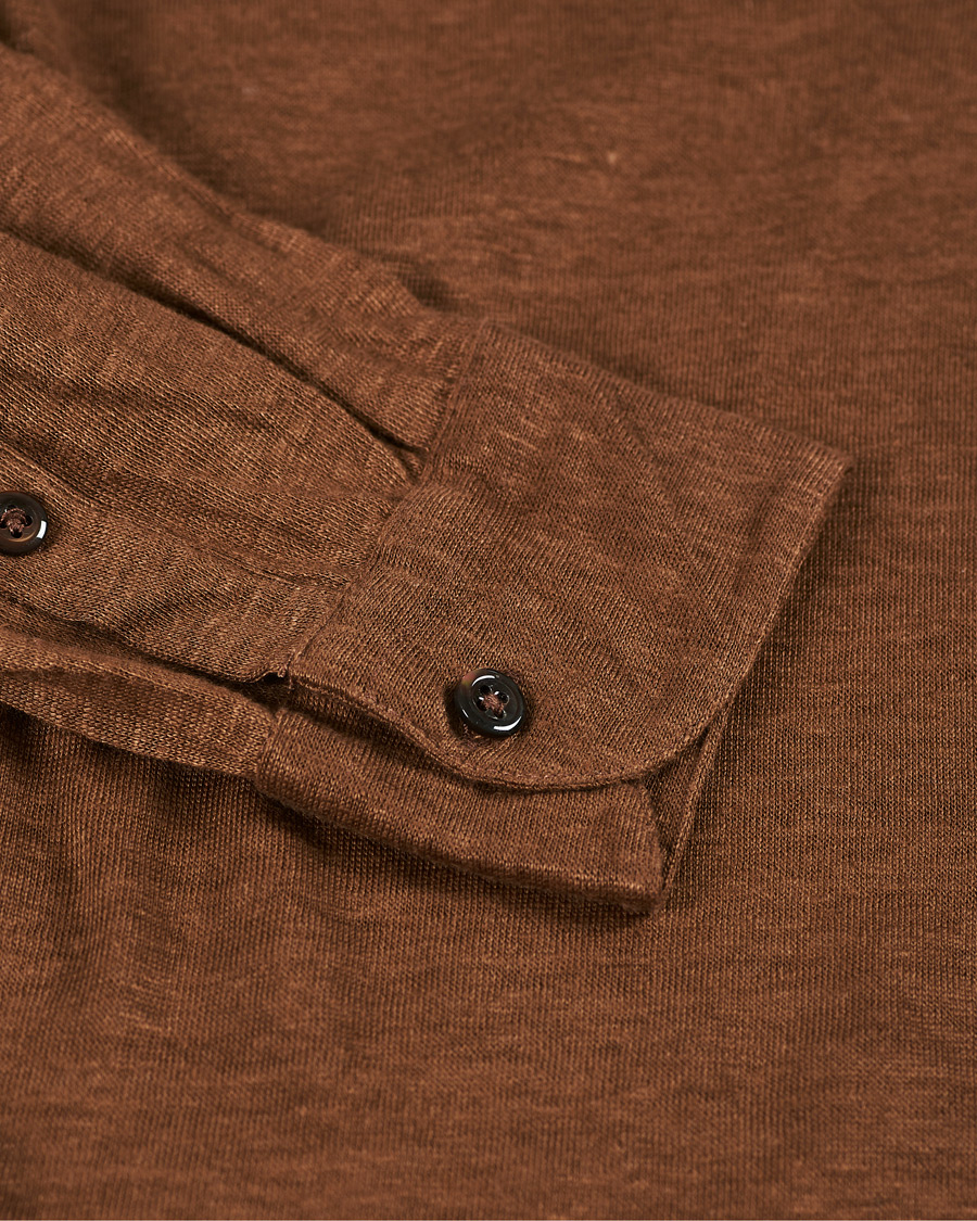 Herr | Tröjor | Gran Sasso | Washed Linen Long Sleeve Polo Gold Brown