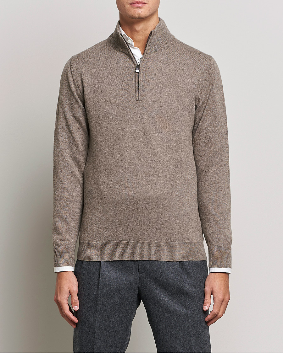 Herr | Kashmirtröjor | Piacenza Cashmere | Cashmere Half Zip Sweater Brown