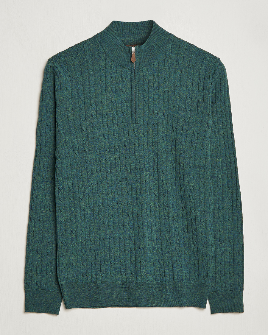 Herr | Tröjor | Stenströms | Merino Wool Cable Half Zip Green Mouliné