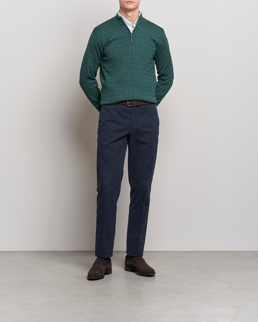 Herr | Tröjor | Stenströms | Merino Wool Cable Half Zip Green Mouliné