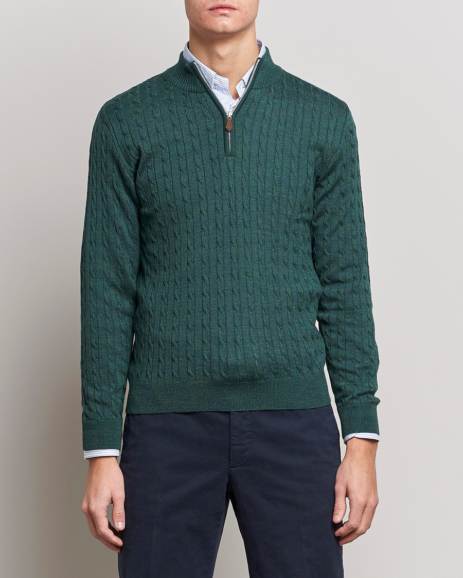 Herr | Tröjor | Stenströms | Merino Wool Cable Half Zip Green Mouliné