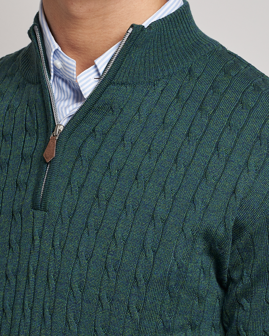 Herr | Tröjor | Stenströms | Merino Wool Cable Half Zip Green Mouliné