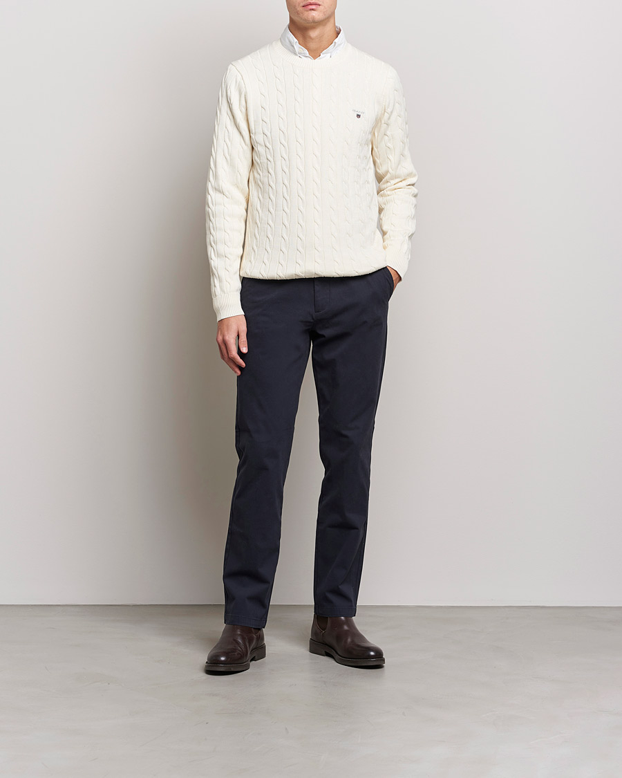 Herr | Tröjor | GANT | Cotton Cable Crew Neck Pullover Cream