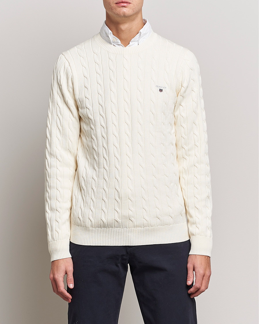 Herr | Tröjor | GANT | Cotton Cable Crew Neck Pullover Cream