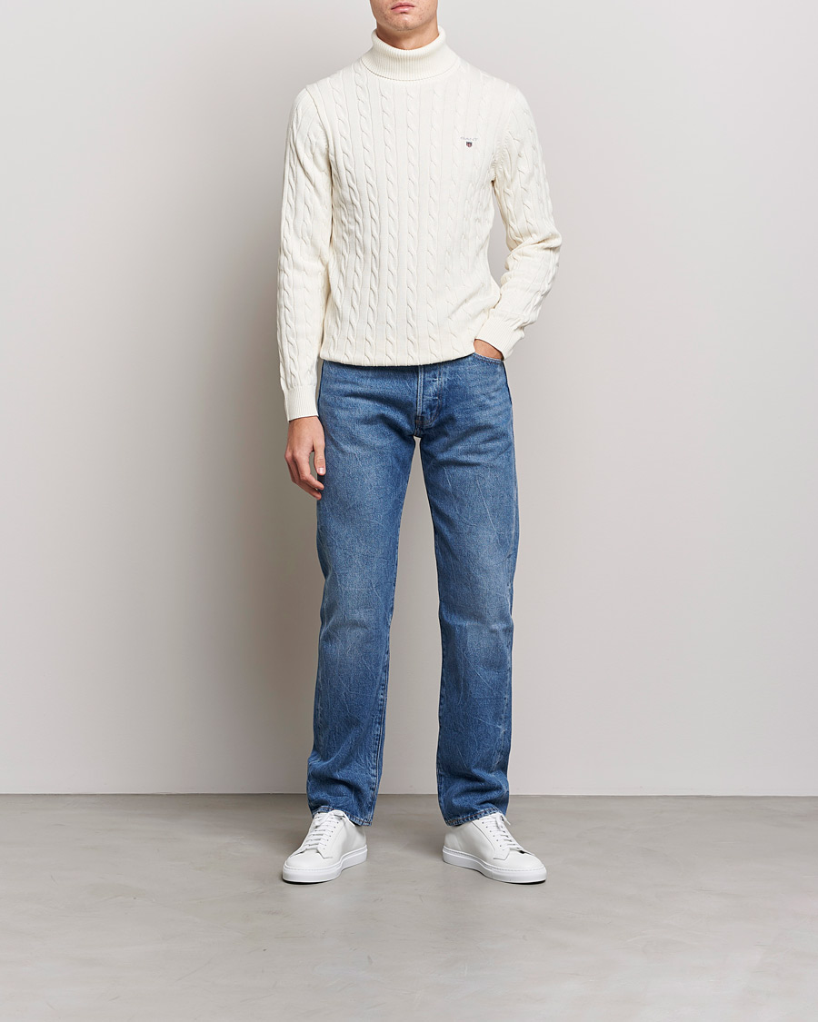 Herr | Tröjor | GANT | Cotton Cable Turtleneck Cream