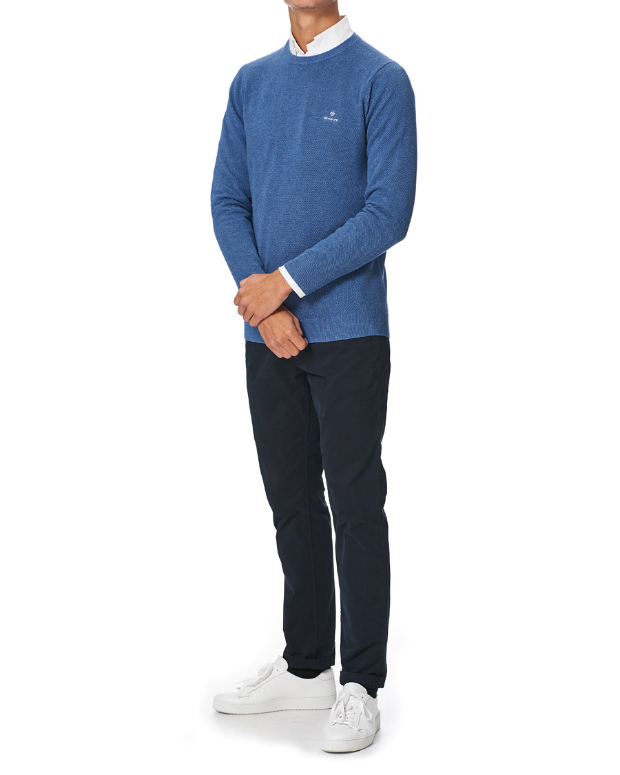 Herr | Tröjor | GANT | Cotton Pique Crew Neck Sweater Denim Blue Melange