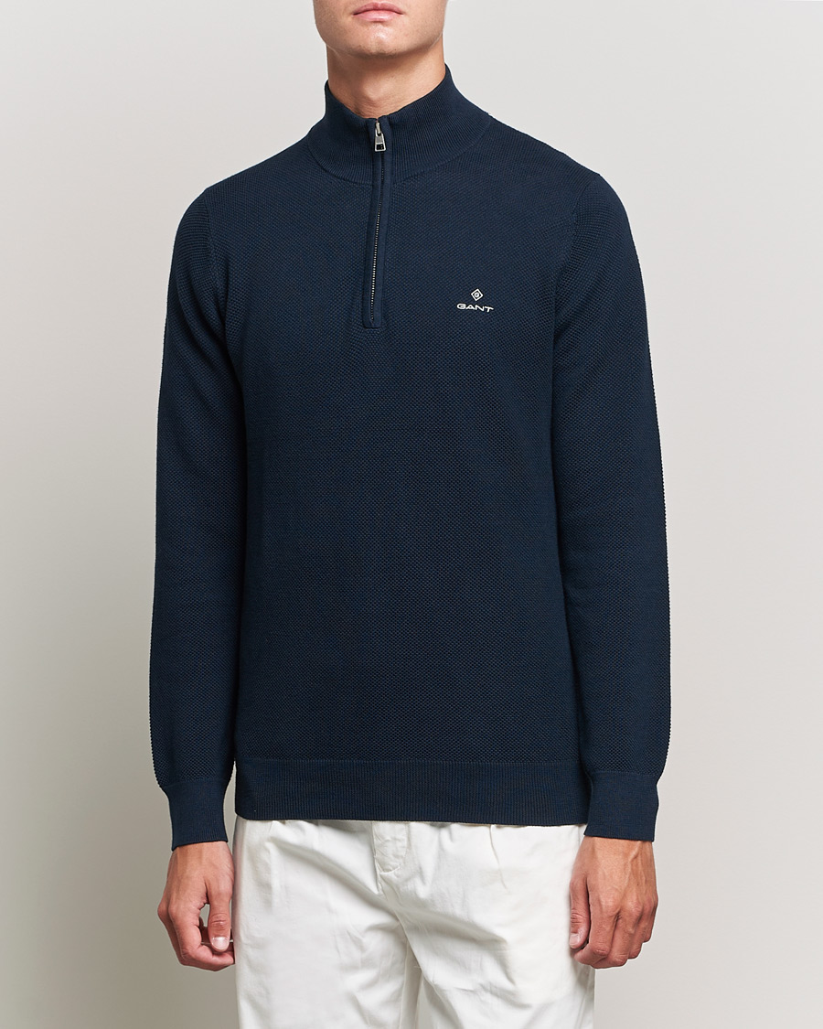 Herr | Tröjor | GANT | Cotton Pique Half-Zip Sweater Evening Blue