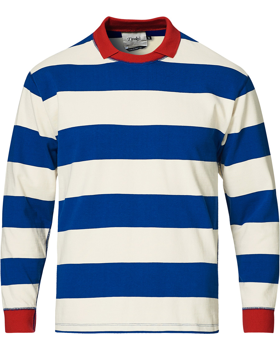 Herr | T-Shirts | Drake's | Mock Collar Long Sleeve Tee Blue/White