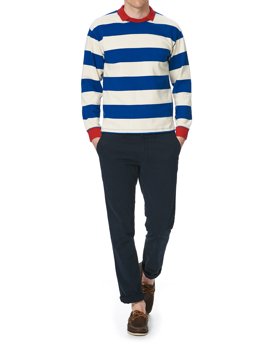 Herr | T-Shirts | Drake's | Mock Collar Long Sleeve Tee Blue/White