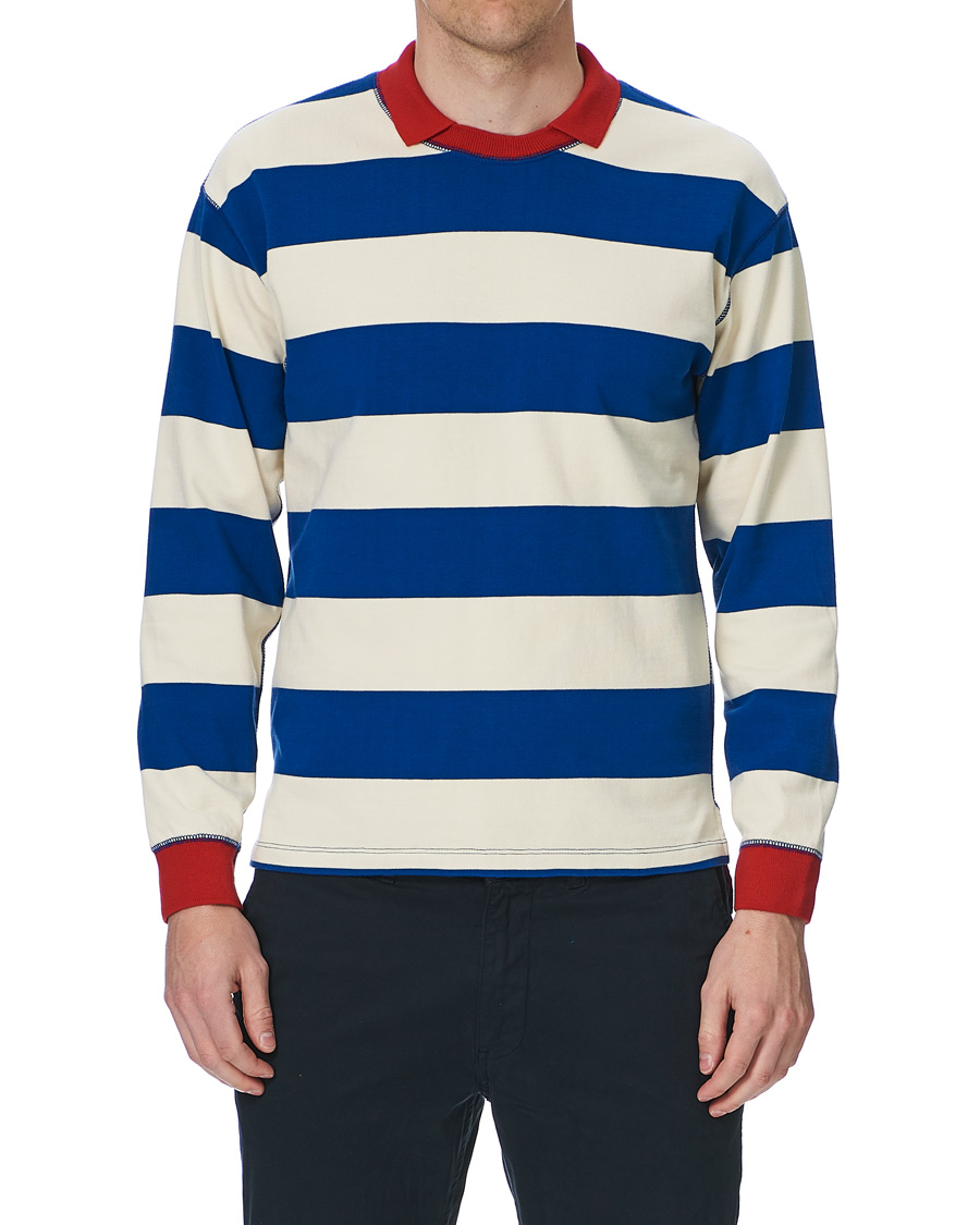 Herr | T-Shirts | Drake's | Mock Collar Long Sleeve Tee Blue/White