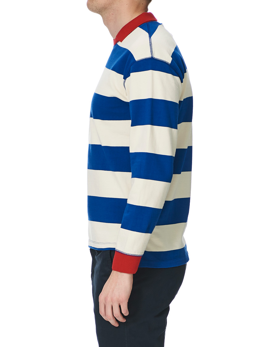 Herr | T-Shirts | Drake's | Mock Collar Long Sleeve Tee Blue/White