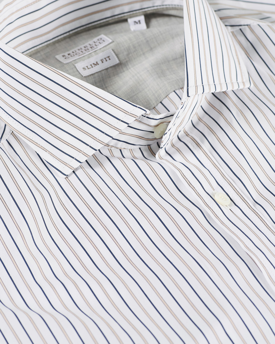 Herr | Skjortor | Brunello Cucinelli | Slim Fit Striped Cotton Shirt White/Beige
