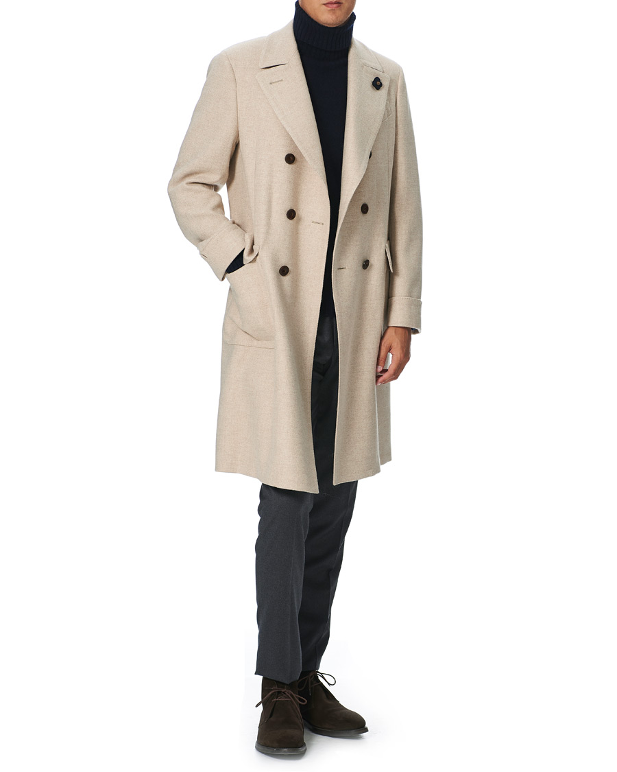 Herr | Jackor | Lardini | Double Breasted Basket Weave Wool Coat Creme