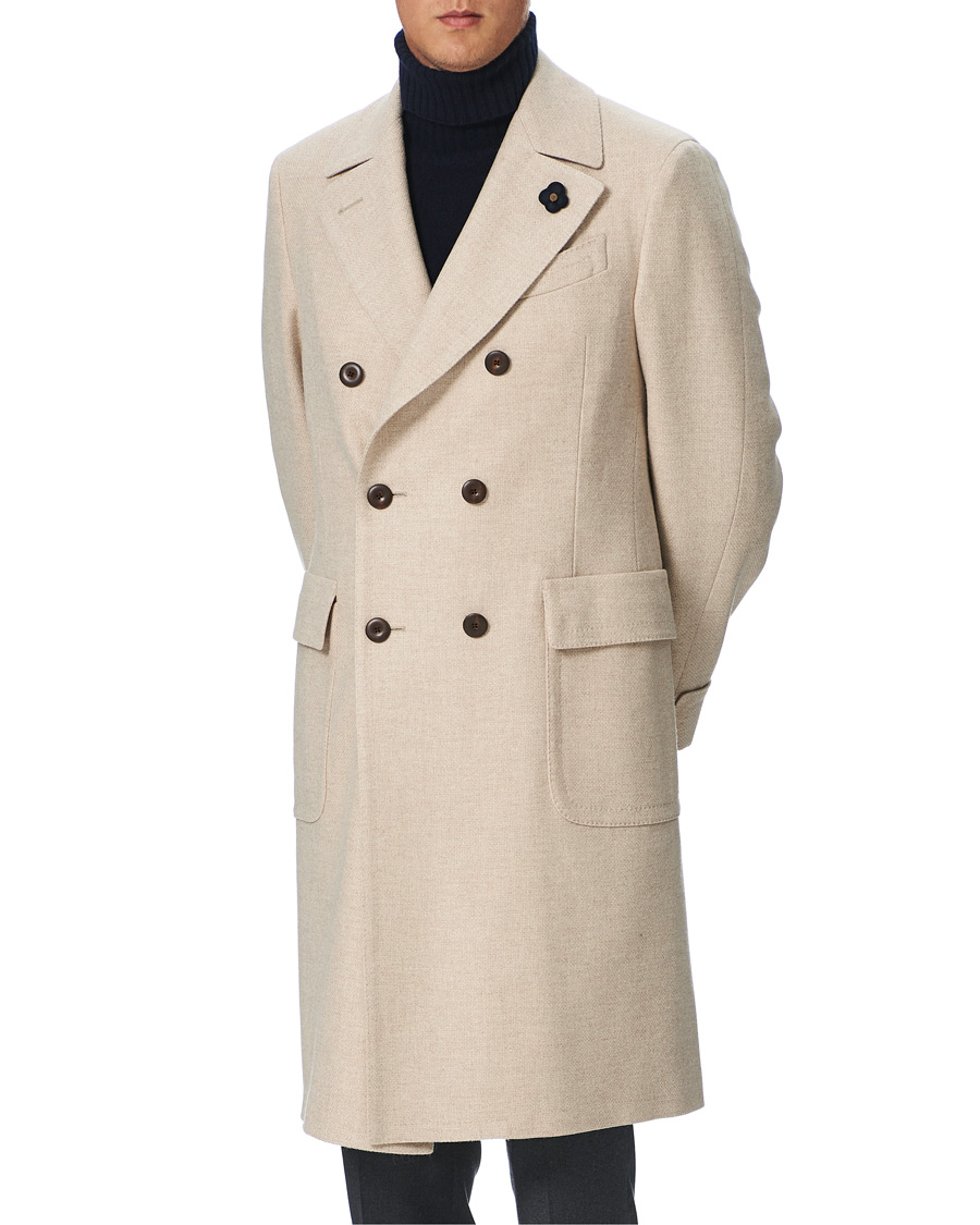Herr | Jackor | Lardini | Double Breasted Basket Weave Wool Coat Creme