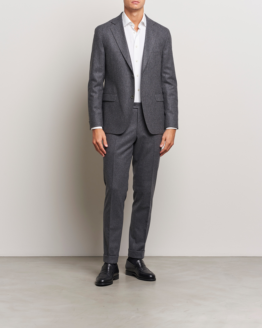 Herr | Byxor | Oscar Jacobson | Denz Turn Up Flannel Trousers Grey Melange