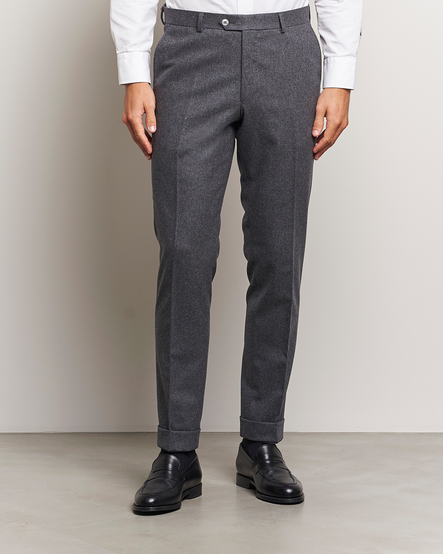 Herr | Byxor | Oscar Jacobson | Denz Turn Up Flannel Trousers Grey Melange