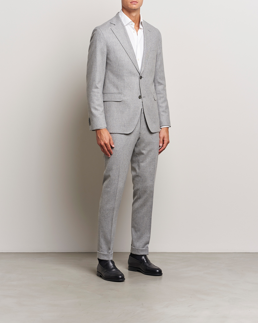 Herr | Byxor | Oscar Jacobson | Denz Turn Up Flannel Trousers Light Grey Melang