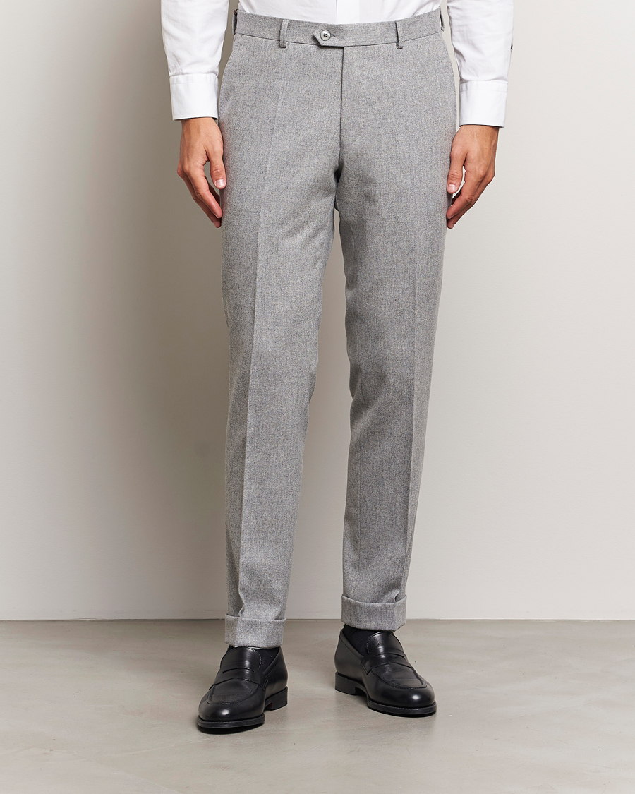 Herr | Byxor | Oscar Jacobson | Denz Turn Up Flannel Trousers Light Grey Melang