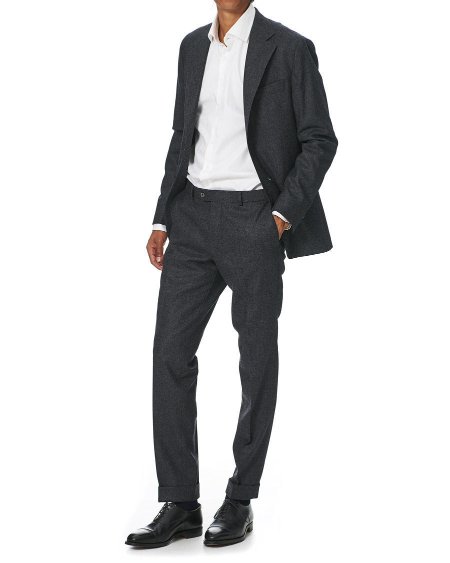 Herr | Byxor | Oscar Jacobson | Denz Turn Up Flannel Trousers Charcoal
