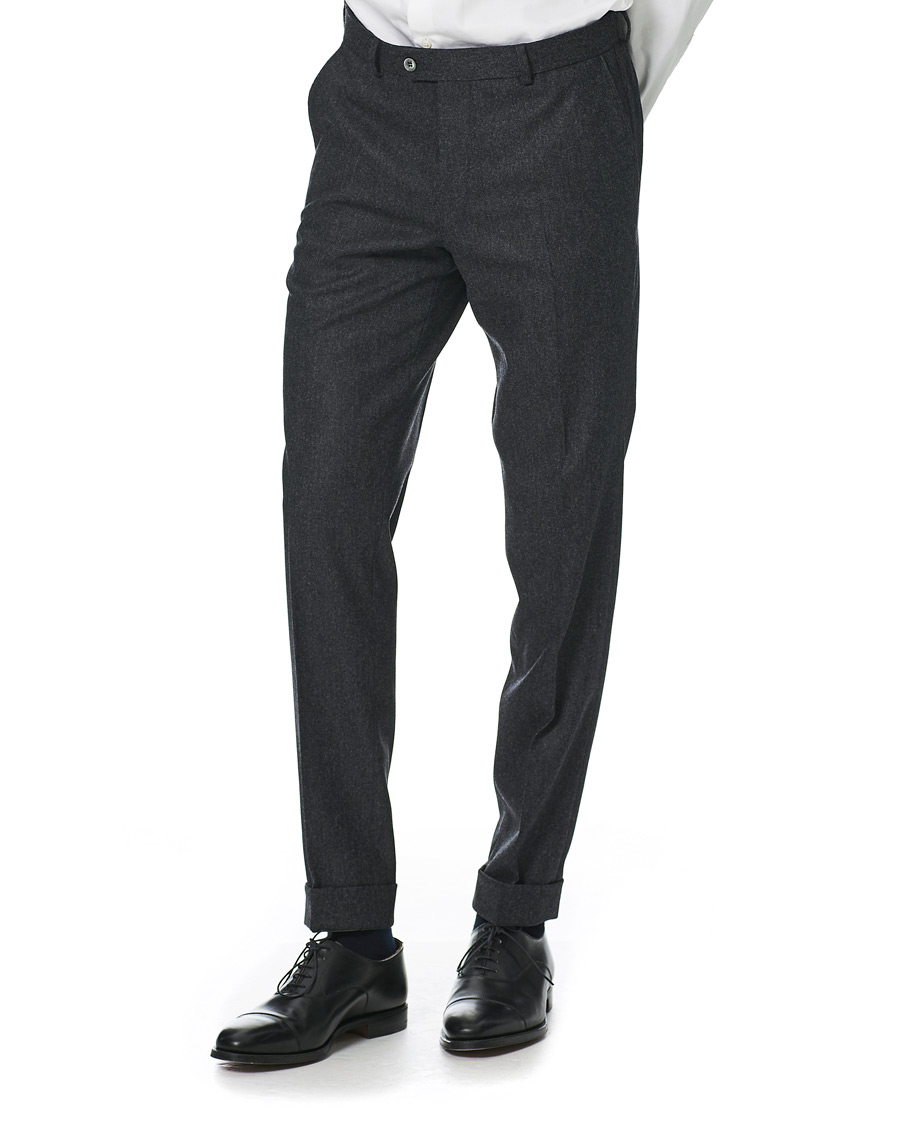 Herr | Byxor | Oscar Jacobson | Denz Turn Up Flannel Trousers Charcoal