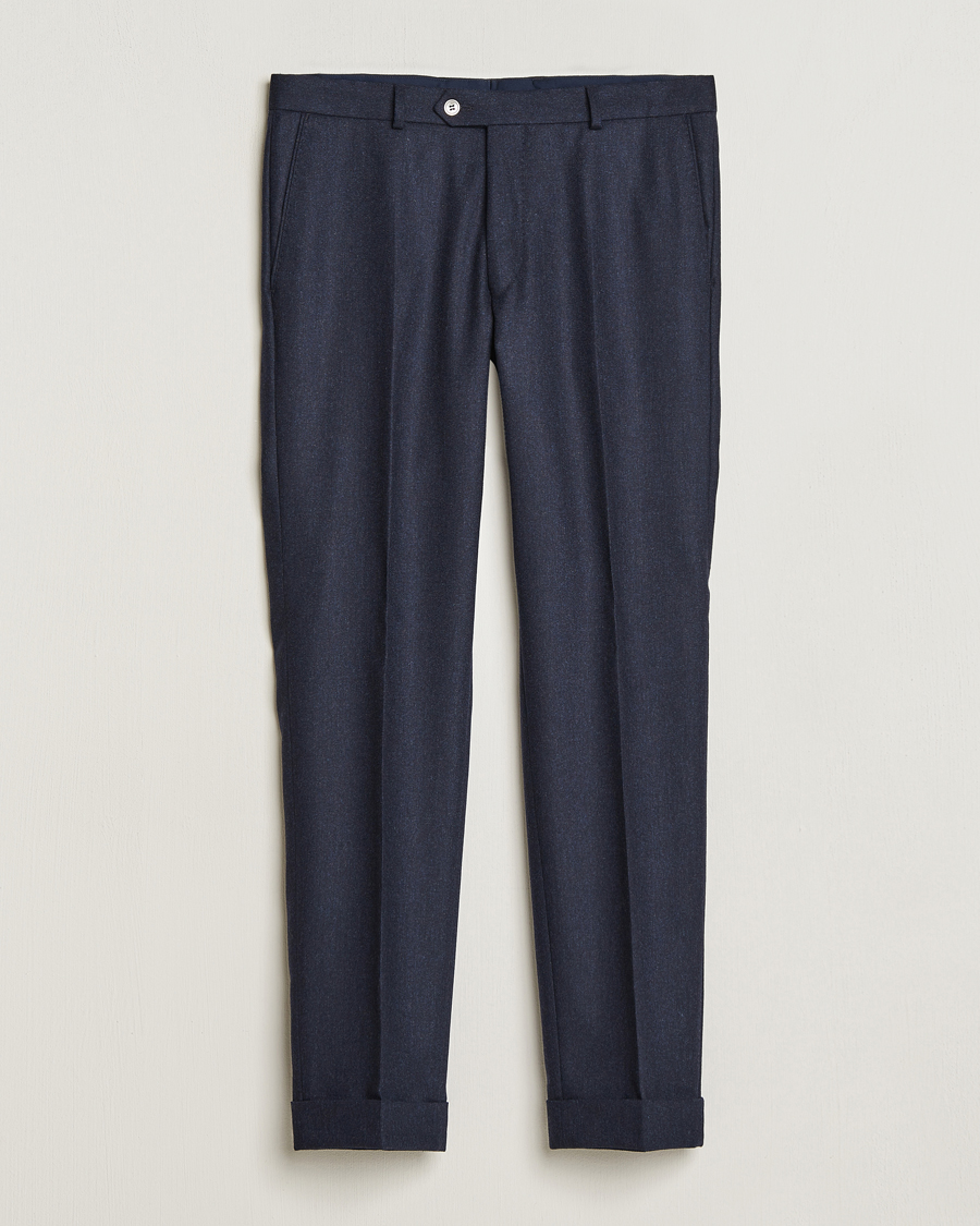 Herr | Byxor | Oscar Jacobson | Denz Turn Up Flannel Trousers Navy Melange