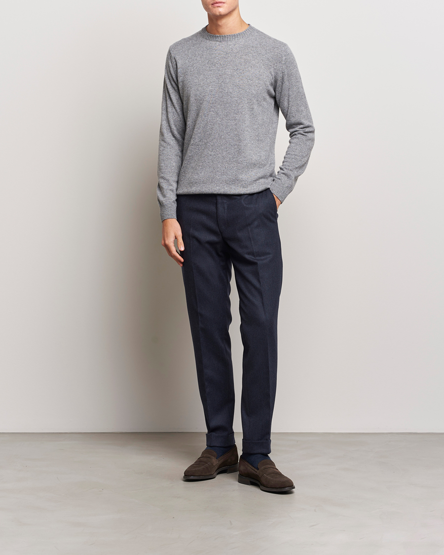 Herr | Byxor | Oscar Jacobson | Denz Turn Up Flannel Trousers Navy Melange