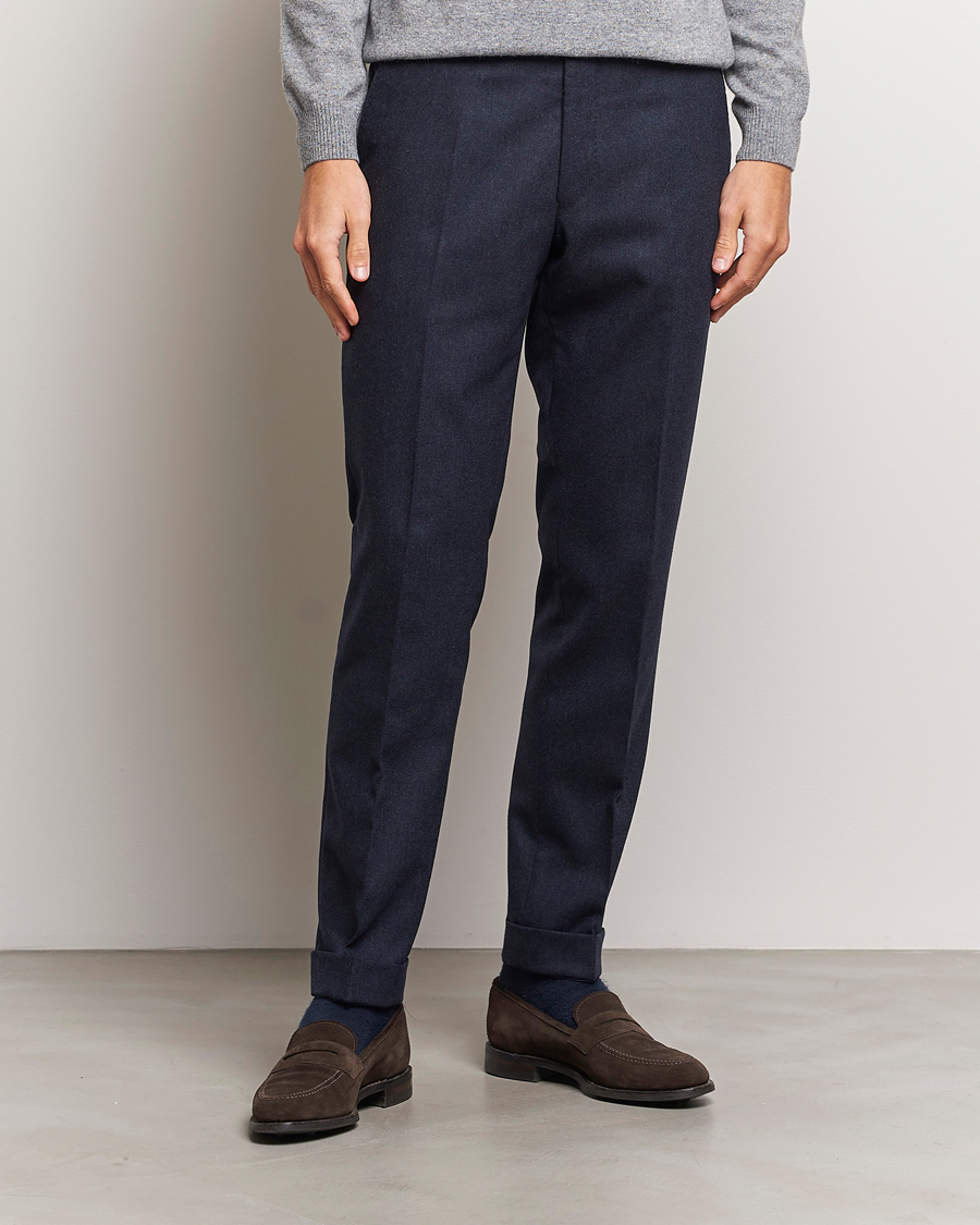 Herr | Byxor | Oscar Jacobson | Denz Turn Up Flannel Trousers Navy Melange