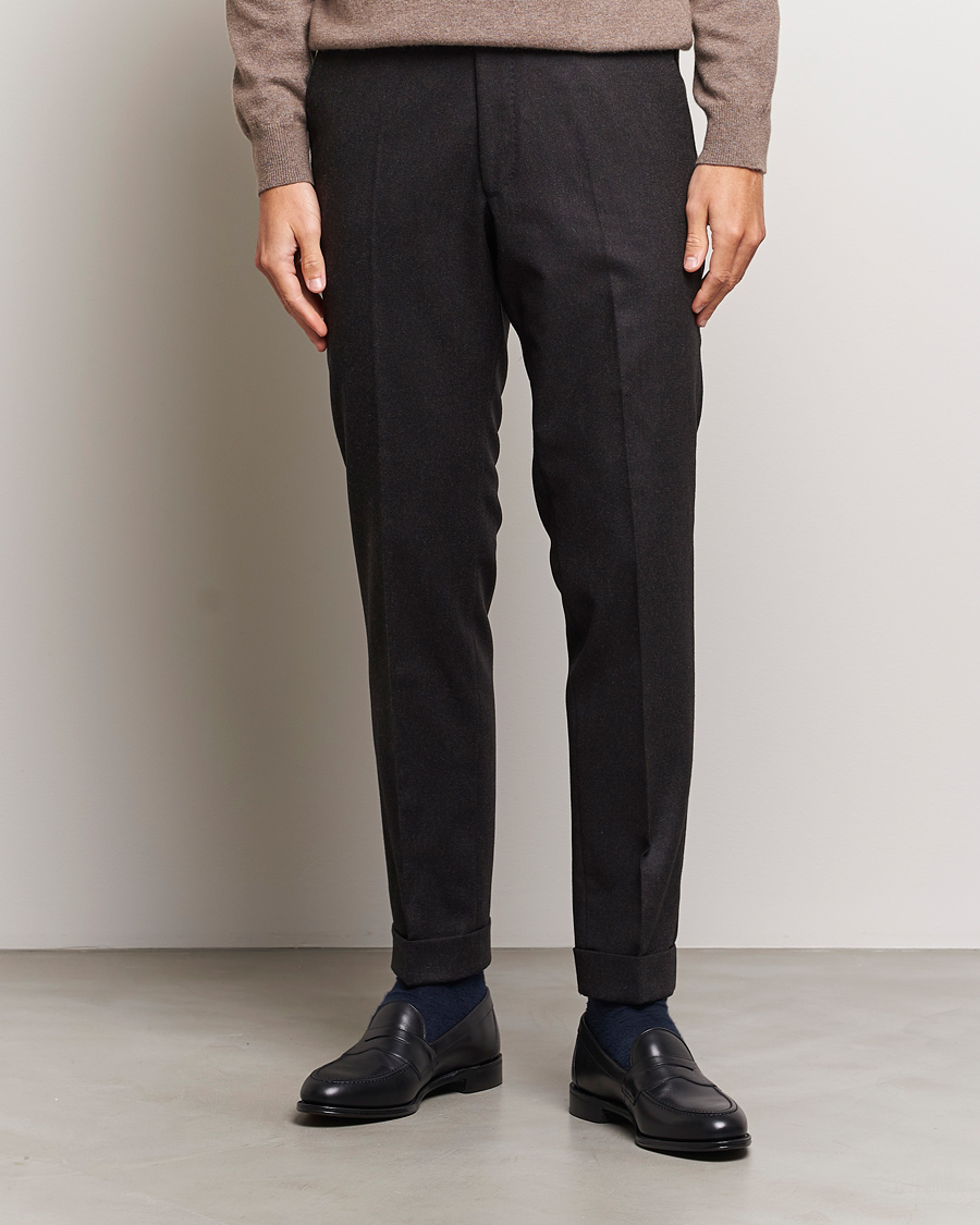 Herr | Byxor | Oscar Jacobson | Denz Turn Up Flannel Trousers Brown Melange