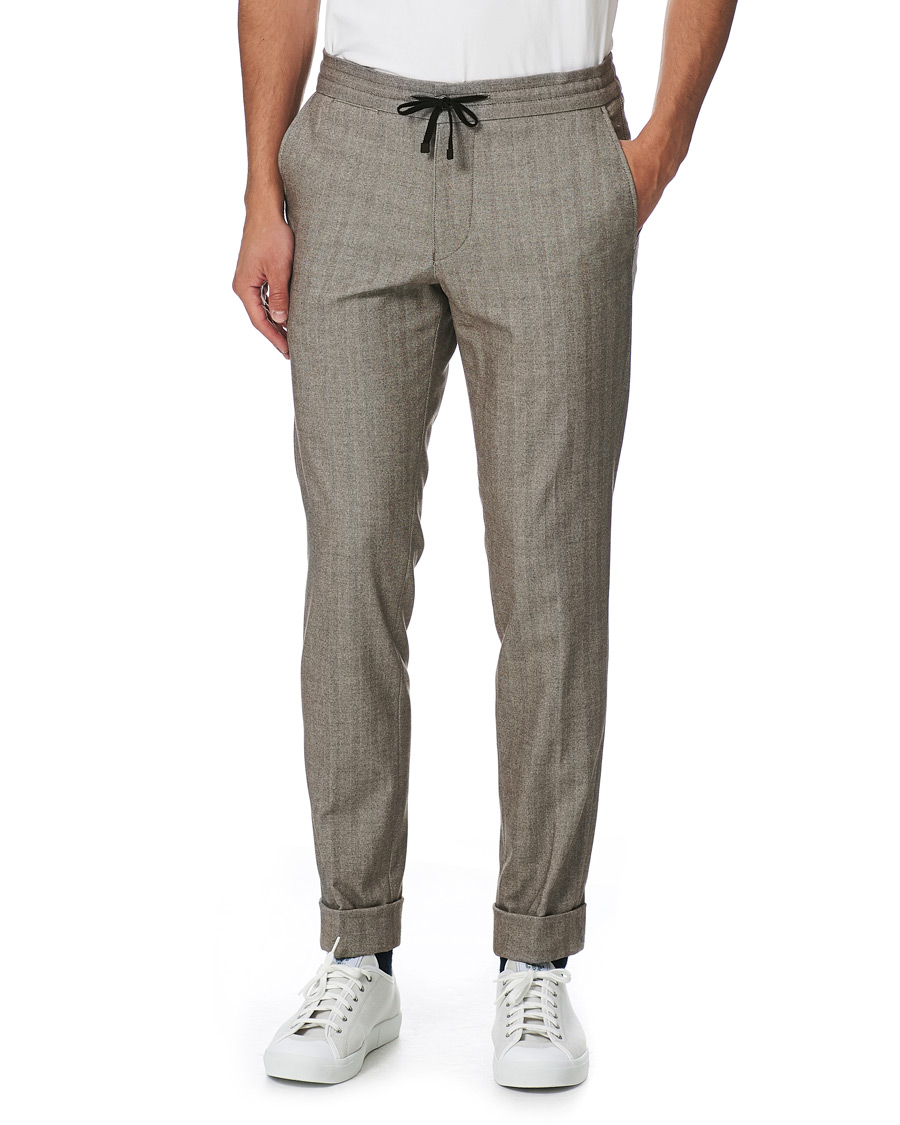 Herr | Byxor | Oscar Jacobson | Nolan Drawstring Herringbone Trousers Light Brown