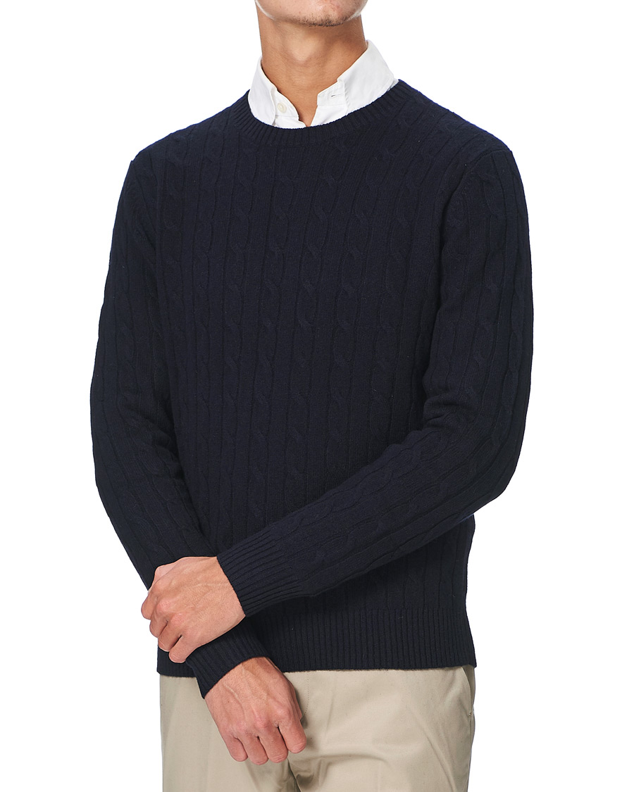 Herr | Tröjor | Brooks Brothers | Lambswool Cable Crew Neck Navy