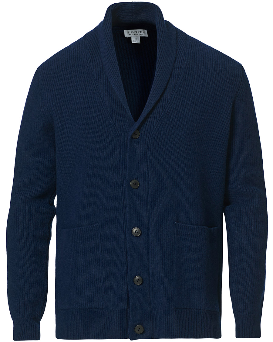 Herr | Tröjor | Sunspel | Wool/Cashmere Shawl Neck Cardigan Dark Navy Melange