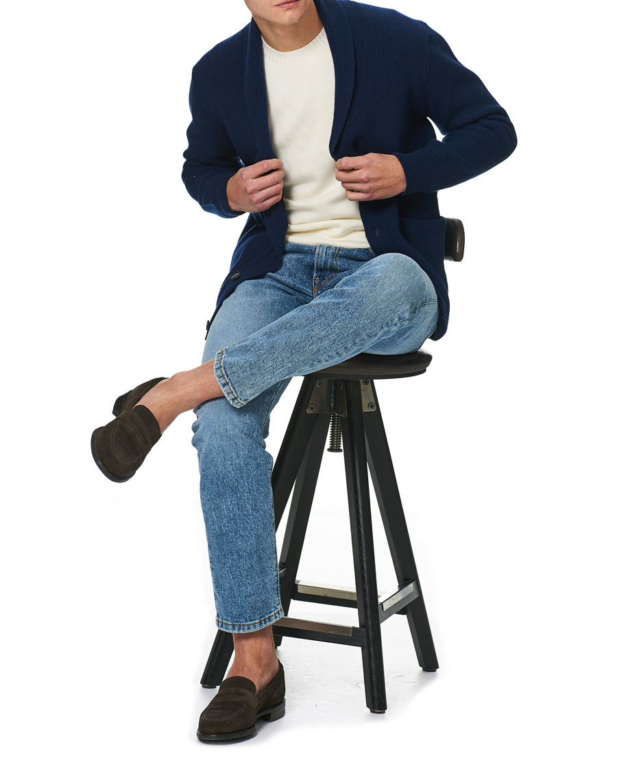 Herr | Tröjor | Sunspel | Wool/Cashmere Shawl Neck Cardigan Dark Navy Melange