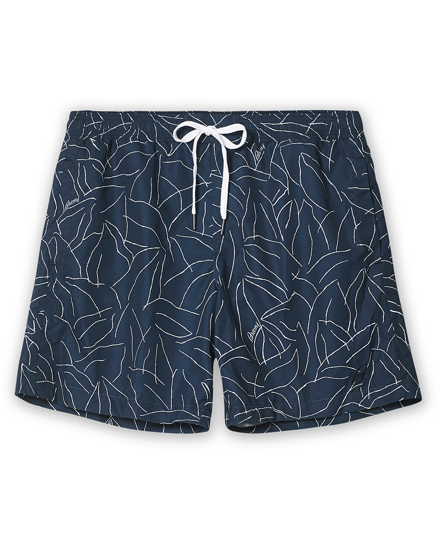 Herr | Badbyxor | Brioni | Foliage Print Swim Trunks Navy