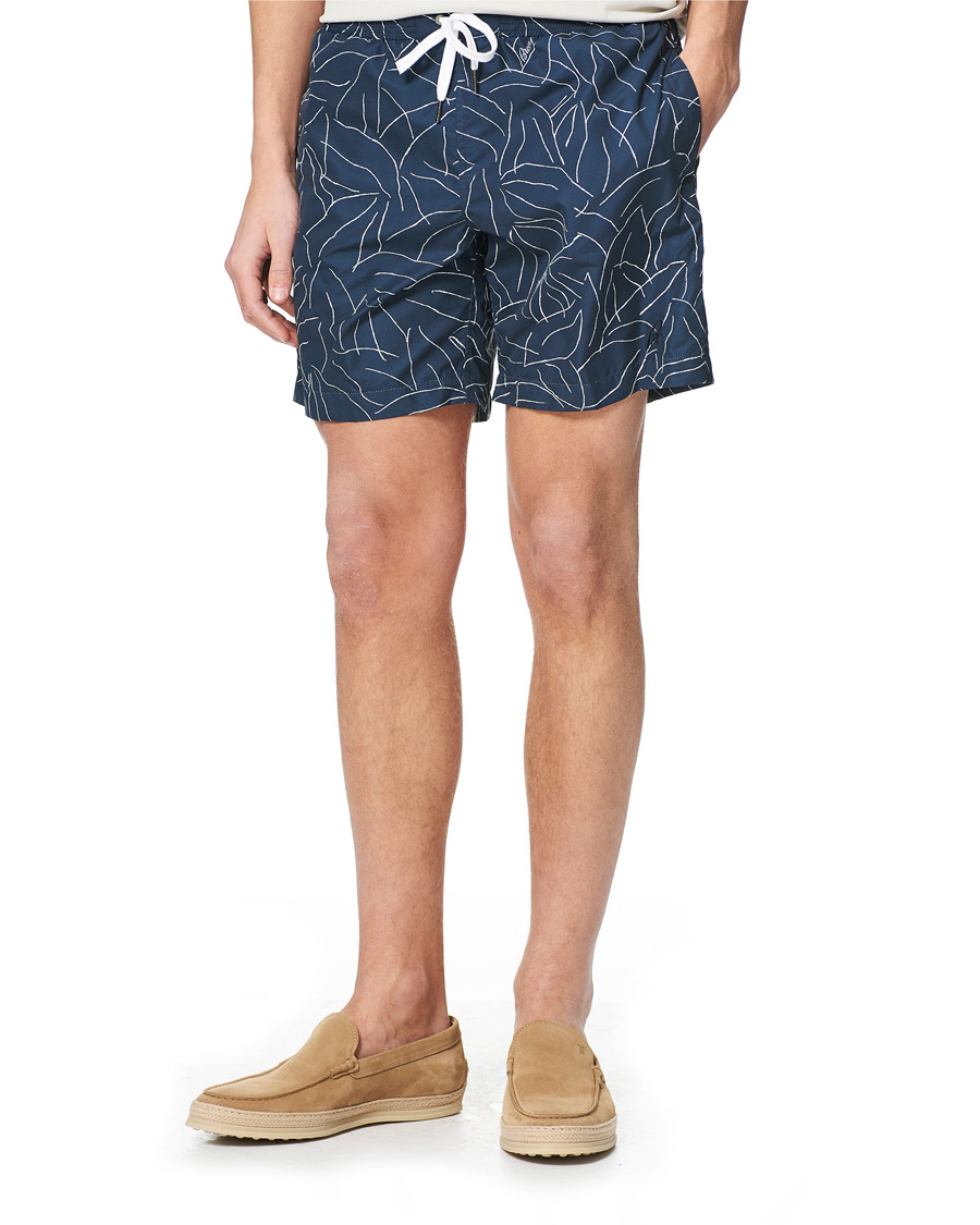 Herr | Badbyxor | Brioni | Foliage Print Swim Trunks Navy