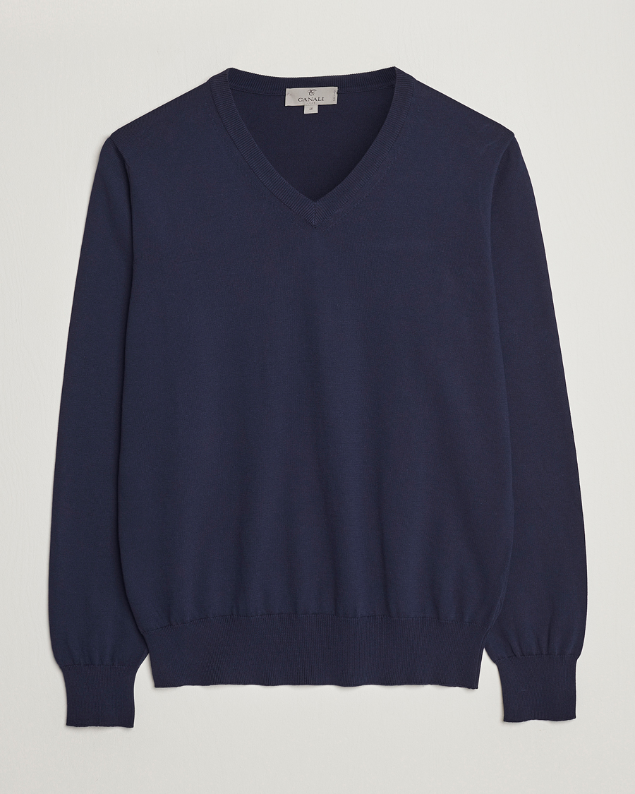 Herr | Tröjor | Canali | Cotton V-Neck Pullover Navy