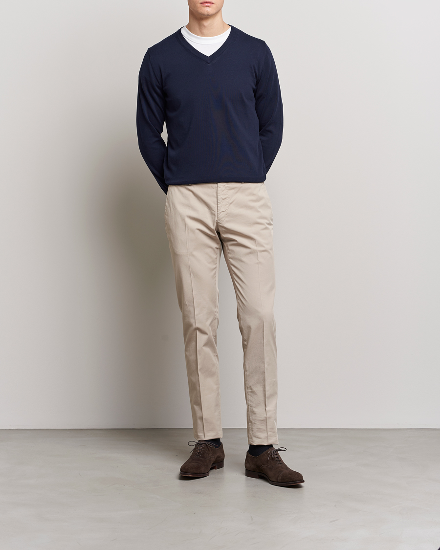 Herr | Tröjor | Canali | Cotton V-Neck Pullover Navy