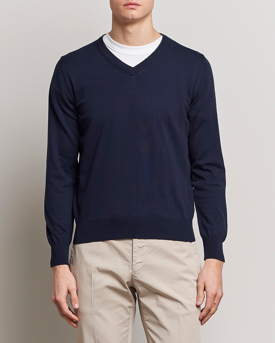 Herr | Pullover V-ringade | Canali | Cotton V-Neck Pullover Navy