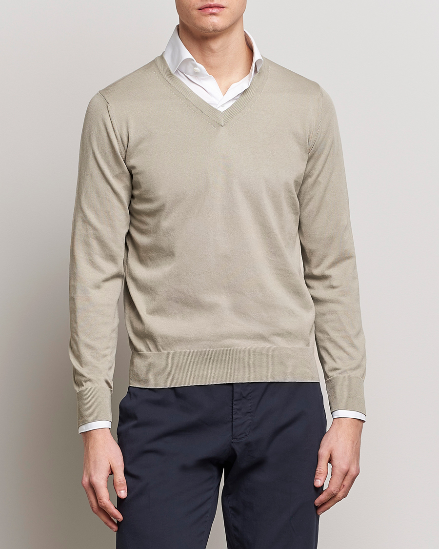 Herr | Tröjor | Canali | Cotton V-Neck Pullover Sage
