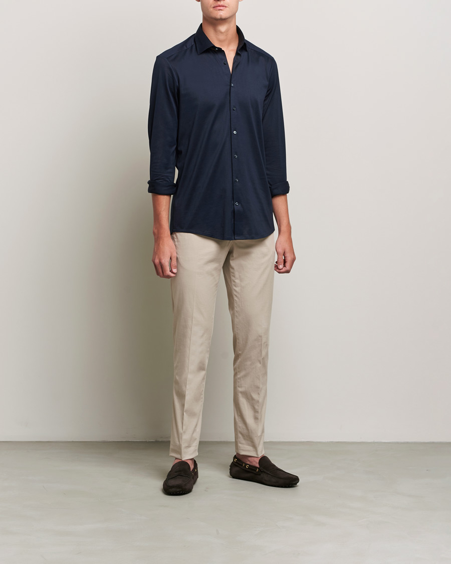 Herr | Skjortor | Stenströms | Slimline Jersey Button Down Shirt Navy