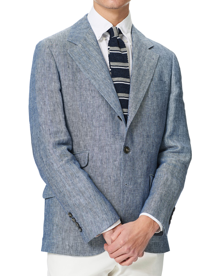 Herr | Kavajer | Brunello Cucinelli | Herringbone Linen Blazer Indigo Blue